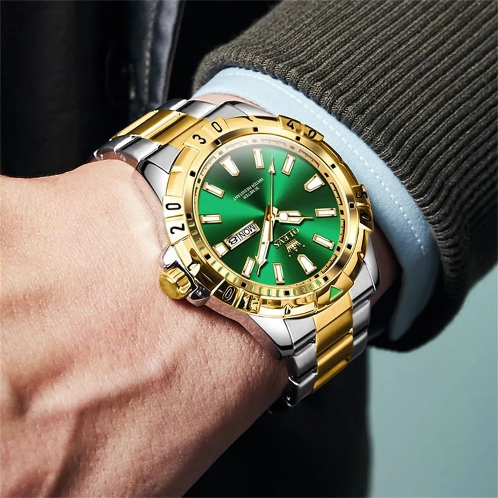 OLEVS Watches Men Waterproof Luxury Big Face Mens Watch Stainless Steel Day Date Quartz Analog Dress Watches for Men Luminous Relojes De Hombre (Green/Blue/Black/Gold)