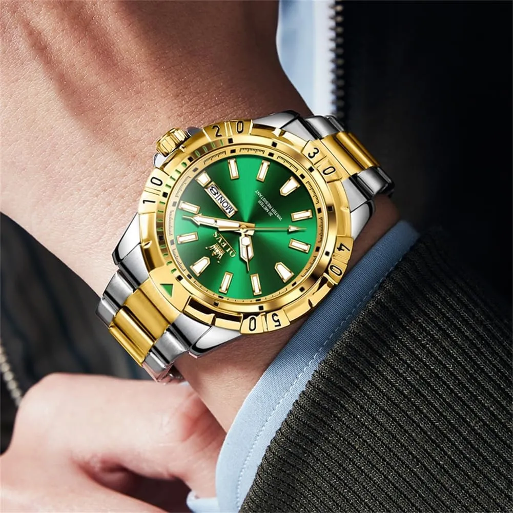OLEVS Watches Men Waterproof Luxury Big Face Mens Watch Stainless Steel Day Date Quartz Analog Dress Watches for Men Luminous Relojes De Hombre (Green/Blue/Black/Gold)