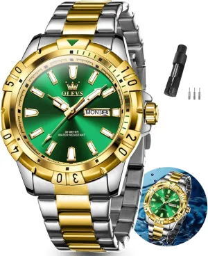 OLEVS Watches Men Waterproof Luxury Big Face Mens Watch Stainless Steel Day Date Quartz Analog Dress Watches for Men Luminous Relojes De Hombre (Green/Blue/Black/Gold)