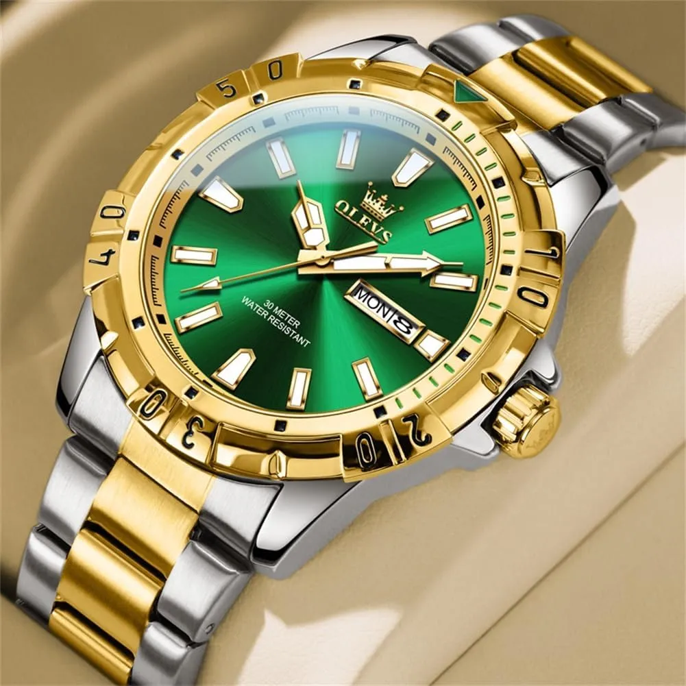 OLEVS Watches Men Waterproof Luxury Big Face Mens Watch Stainless Steel Day Date Quartz Analog Dress Watches for Men Luminous Relojes De Hombre (Green/Blue/Black/Gold)