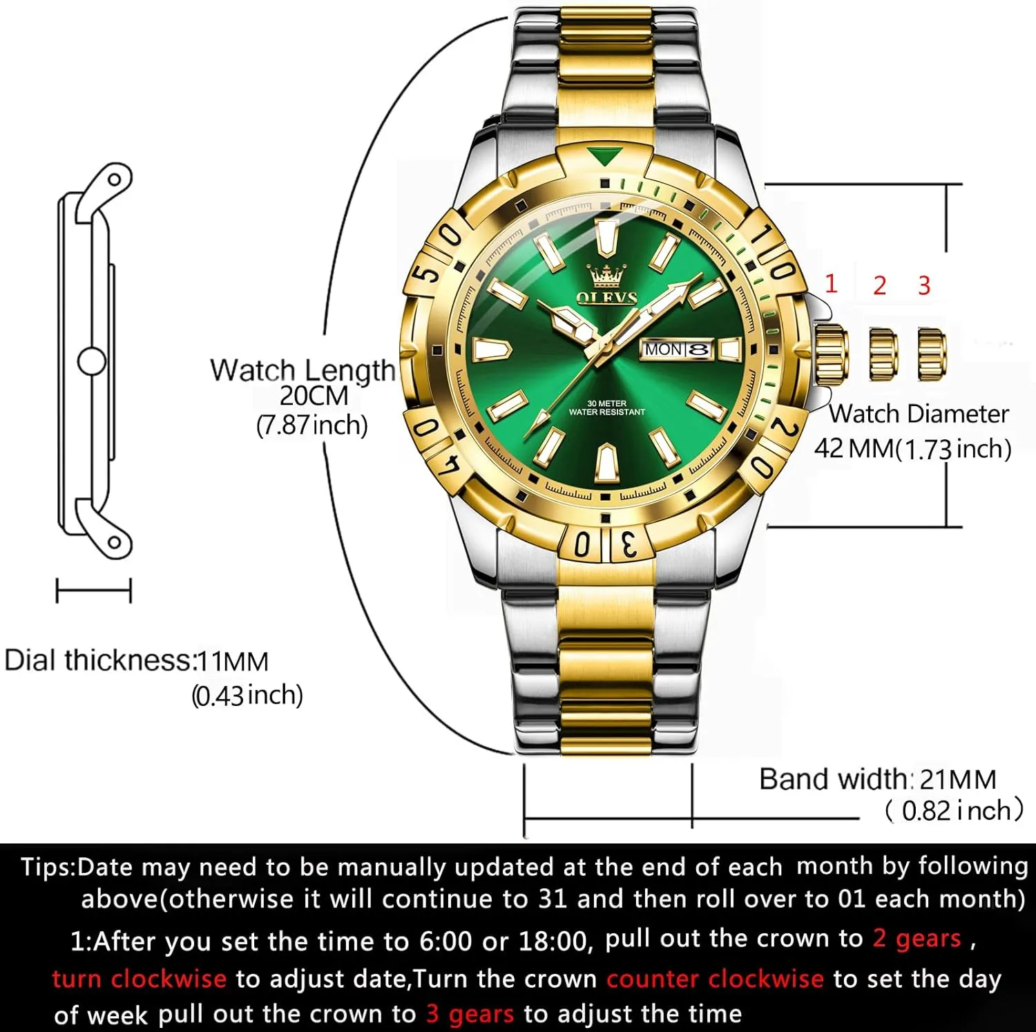 OLEVS Watches Men Waterproof Luxury Big Face Mens Watch Stainless Steel Day Date Quartz Analog Dress Watches for Men Luminous Relojes De Hombre (Green/Blue/Black/Gold)