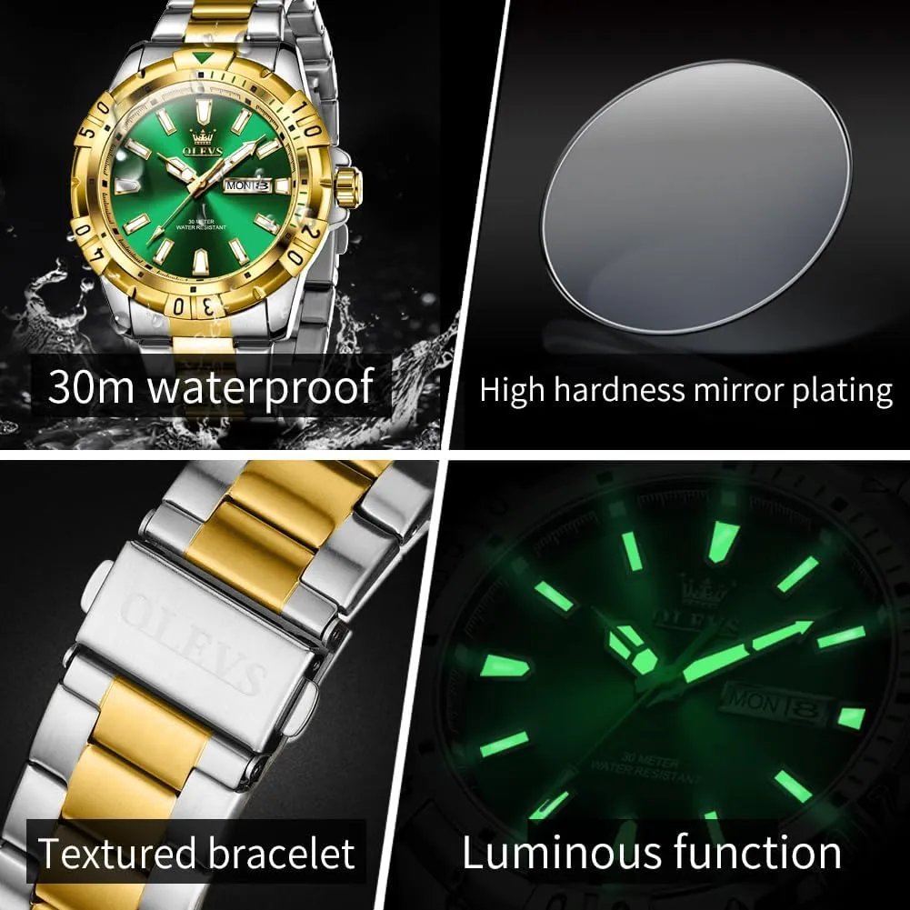 OLEVS Watches Men Waterproof Luxury Big Face Mens Watch Stainless Steel Day Date Quartz Analog Dress Watches for Men Luminous Relojes De Hombre (Green/Blue/Black/Gold)