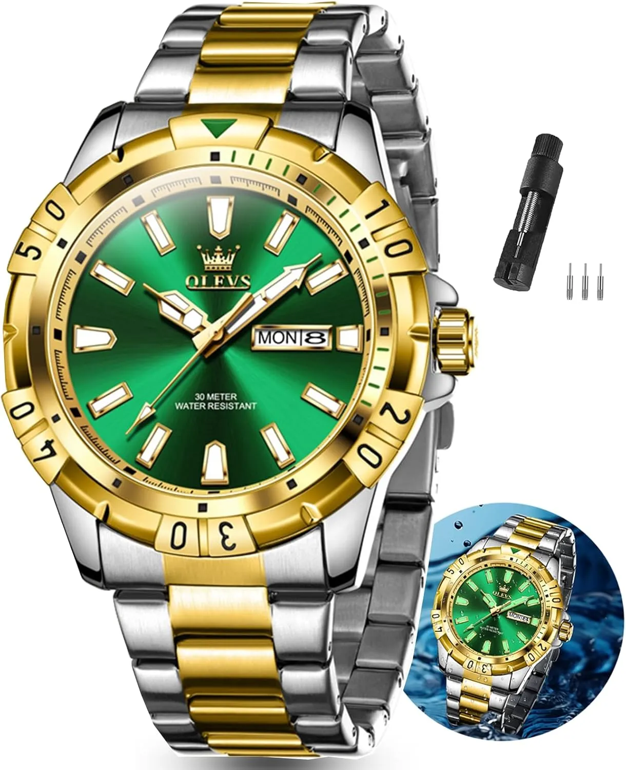 OLEVS Watches Men Waterproof Luxury Big Face Mens Watch Stainless Steel Day Date Quartz Analog Dress Watches for Men Luminous Relojes De Hombre (Green/Blue/Black/Gold)