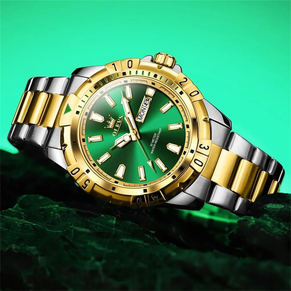 OLEVS Watches Men Waterproof Luxury Big Face Mens Watch Stainless Steel Day Date Quartz Analog Dress Watches for Men Luminous Relojes De Hombre (Green/Blue/Black/Gold)