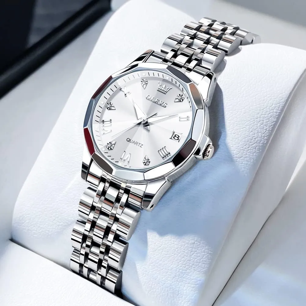 OLEVS Women Analog Quartz Watch Silver Stainless Steel Two Tone Fashion Ladies Waterproof Luminous Date Day Wrist Watches