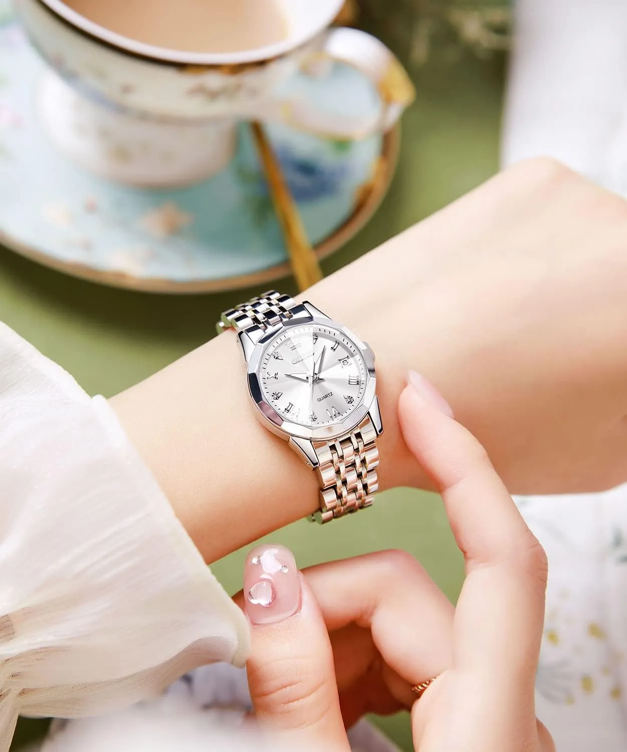 OLEVS Women Analog Quartz Watch Silver Stainless Steel Two Tone Fashion Ladies Waterproof Luminous Date Day Wrist Watches