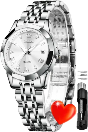 OLEVS Women Analog Quartz Watch Silver Stainless Steel Two Tone Fashion Ladies Waterproof Luminous Date Day Wrist Watches