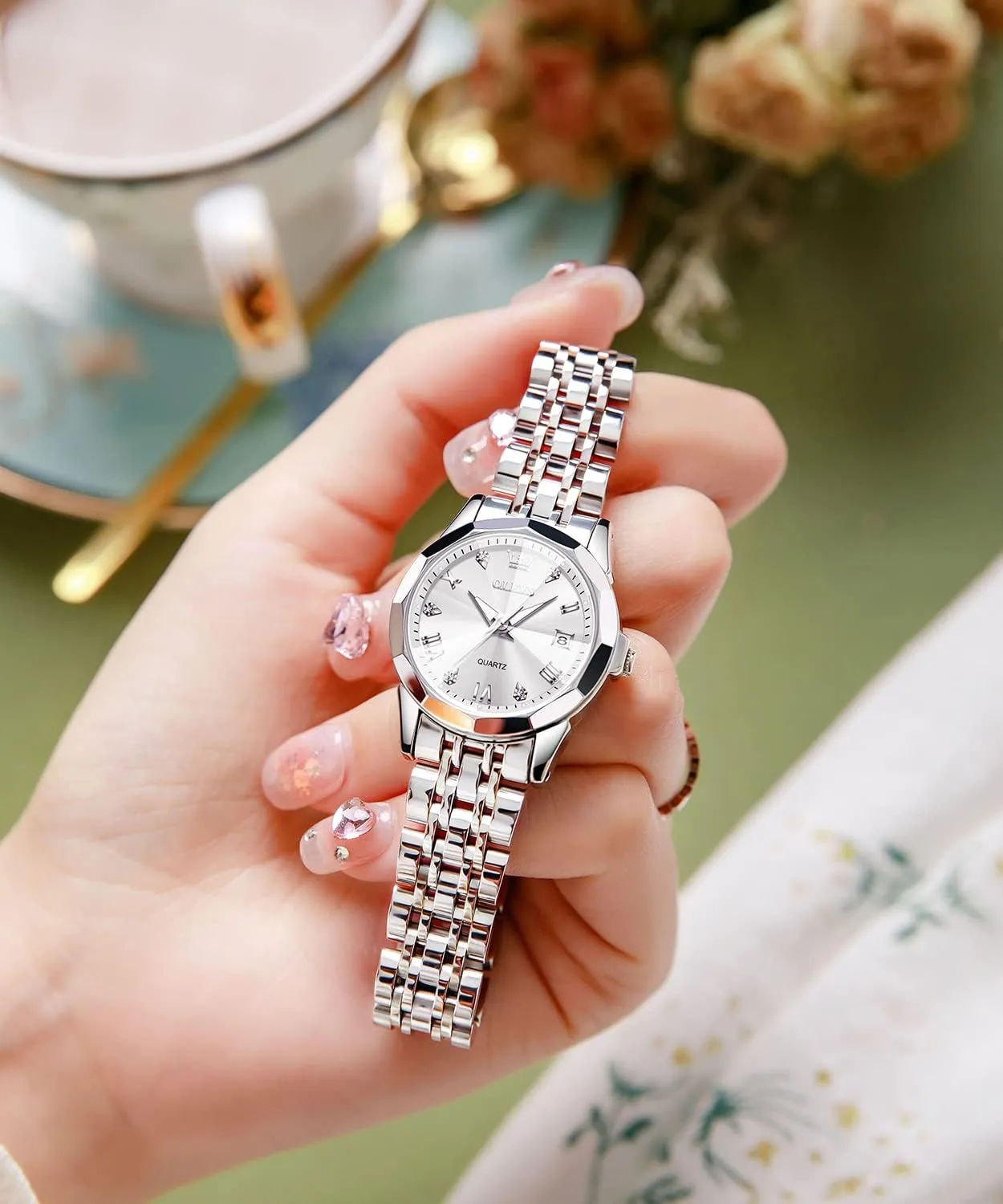 OLEVS Women Analog Quartz Watch Silver Stainless Steel Two Tone Fashion Ladies Waterproof Luminous Date Day Wrist Watches