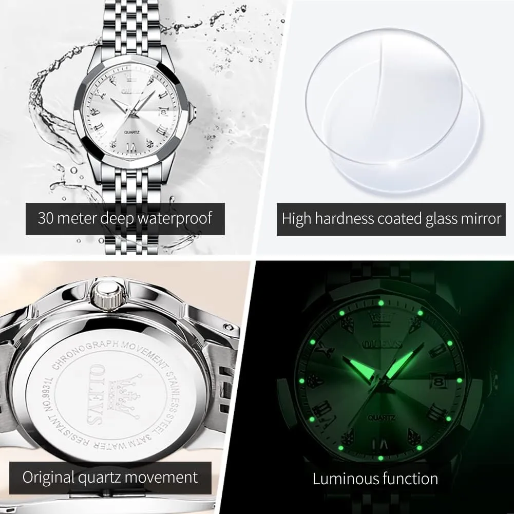 OLEVS Women Analog Quartz Watch Silver Stainless Steel Two Tone Fashion Ladies Waterproof Luminous Date Day Wrist Watches