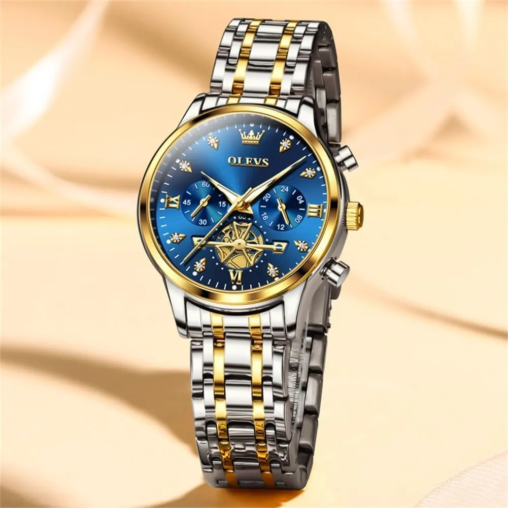 OLEVS Women Watch Multifunctional Two Tone Watch Fashion Business Analog Quartz Ladies Watch Stainless Steel Waterproof Diamond Watch for Women