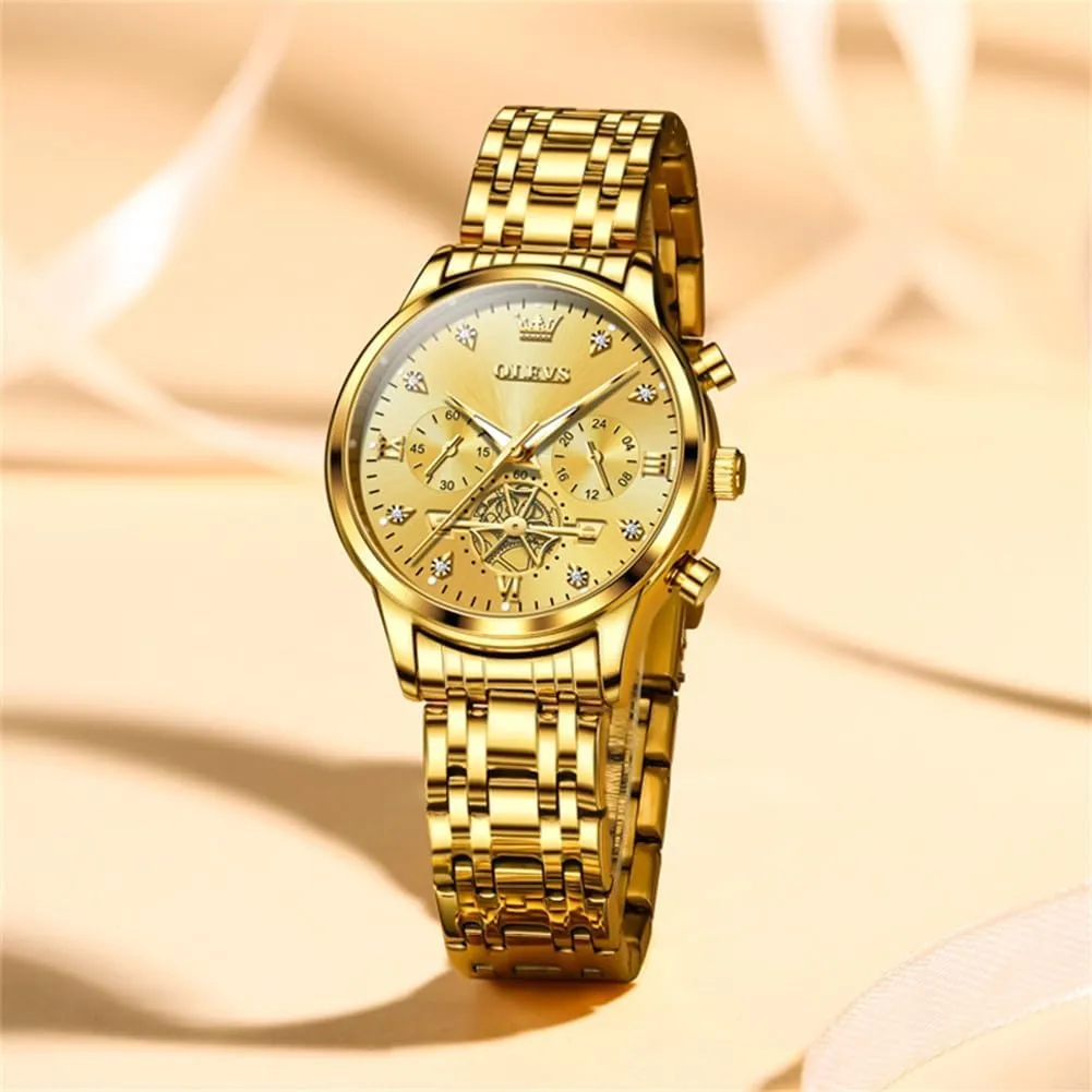 OLEVS Women Watch Multifunctional Two Tone Watch Fashion Business Analog Quartz Ladies Watch Stainless Steel Waterproof Diamond Watch for Women