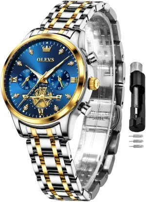 OLEVS Women Watch Multifunctional Two Tone Watch Fashion Business Analog Quartz Ladies Watch Stainless Steel Waterproof Diamond Watch for Women
