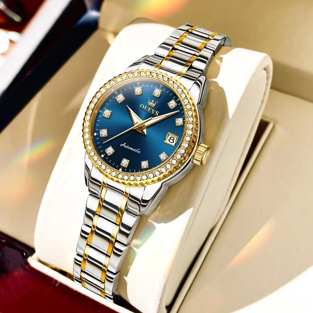 OLEVS Womens Automatic Watches Diamond Stainless Steel Self Winding Ladies Dress Wrist Watches Luminous Waterproof