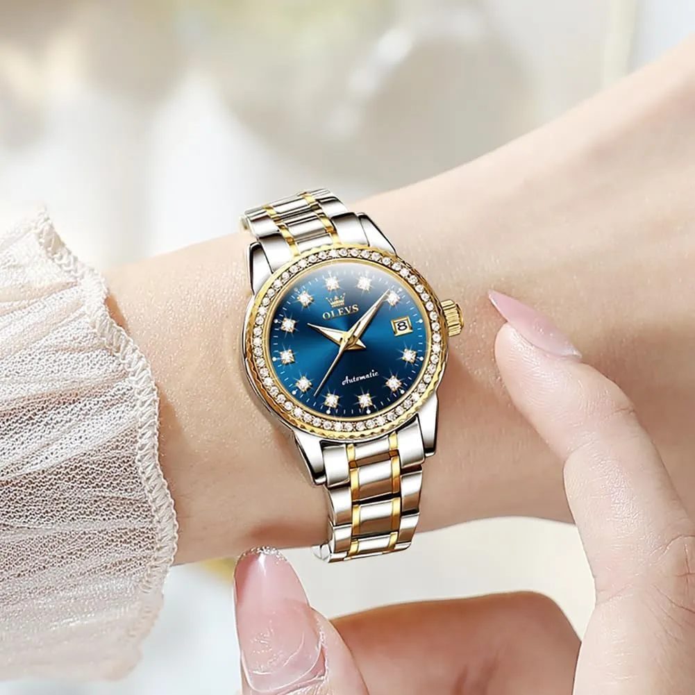 OLEVS Womens Automatic Watches Diamond Stainless Steel Self Winding Ladies Dress Wrist Watches Luminous Waterproof
