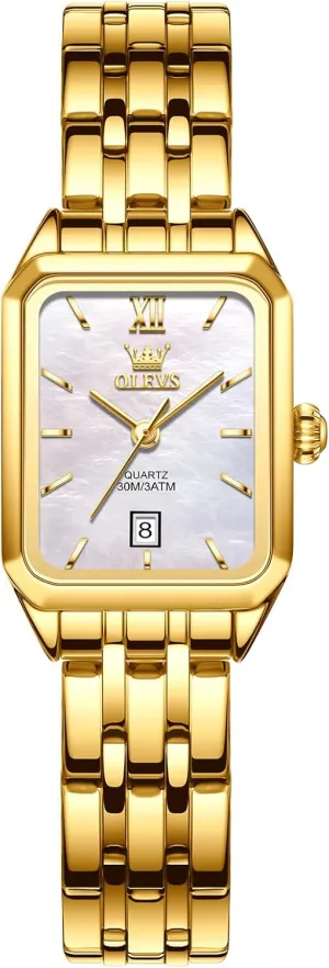 OLEVS Women's Gold Stainless Steel Watch, Small Square Face Diamond Decorated Ladies Watch, Luxury Analog Quartz Women Dress Watch, Fashion Calendar Date Waterproof Wrist Watch for Women