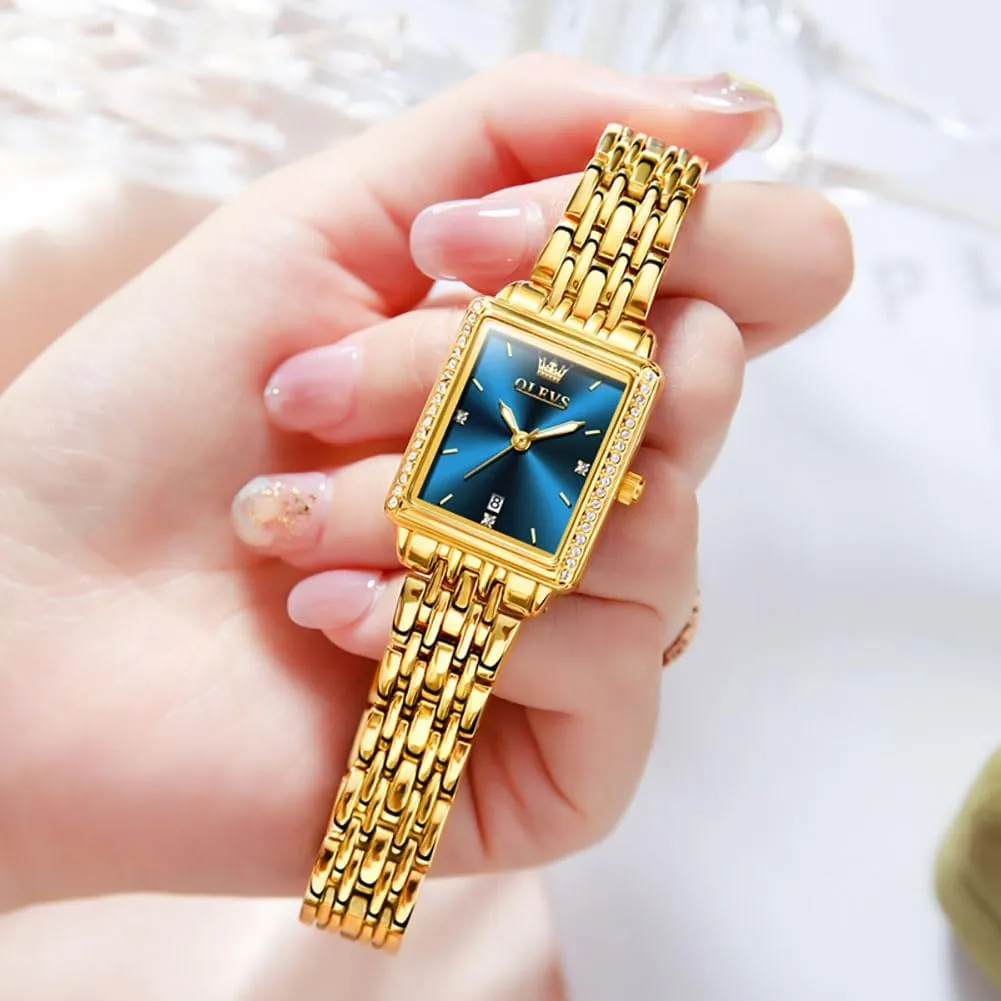 OLEVS Women's Gold Stainless Steel Watch, Small Square Face Diamond Decorated Ladies Watch, Luxury Analog Quartz Women Dress Watch, Fashion Calendar Date Waterproof Wrist Watch for Women