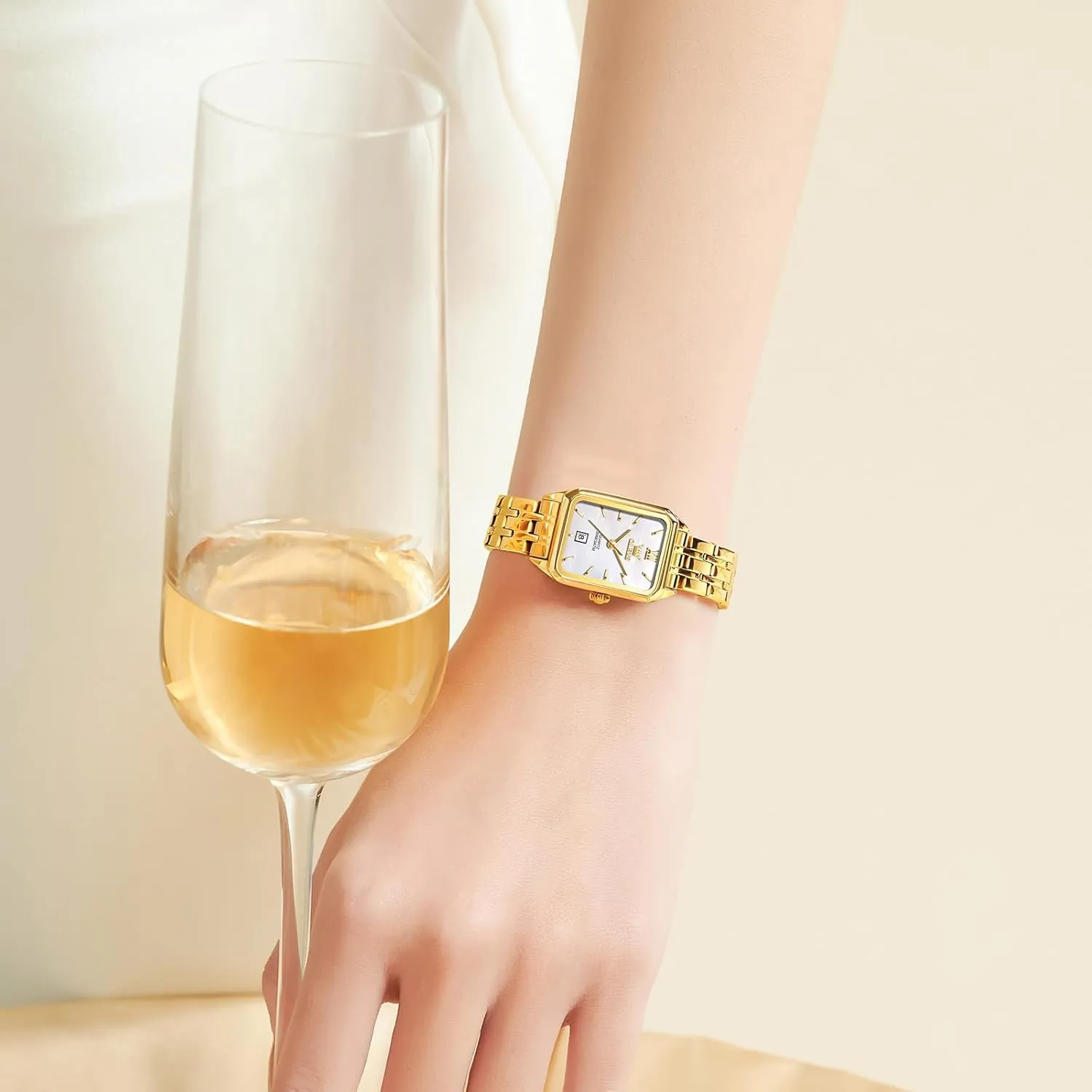 OLEVS Women's Gold Stainless Steel Watch, Small Square Face Diamond Decorated Ladies Watch, Luxury Analog Quartz Women Dress Watch, Fashion Calendar Date Waterproof Wrist Watch for Women