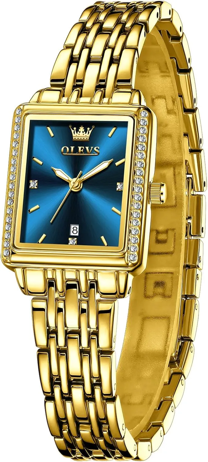 OLEVS Women's Gold Stainless Steel Watch, Small Square Face Diamond Decorated Ladies Watch, Luxury Analog Quartz Women Dress Watch, Fashion Calendar Date Waterproof Wrist Watch for Women