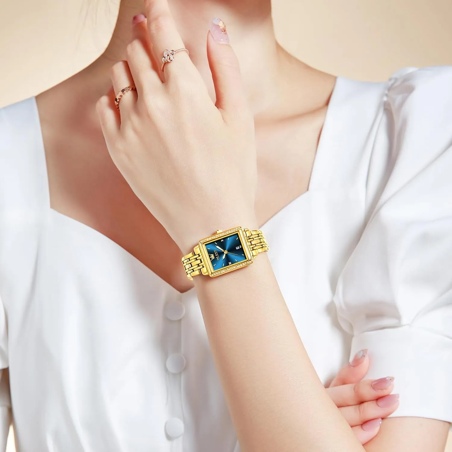 OLEVS Women's Gold Stainless Steel Watch, Small Square Face Diamond Decorated Ladies Watch, Luxury Analog Quartz Women Dress Watch, Fashion Calendar Date Waterproof Wrist Watch for Women