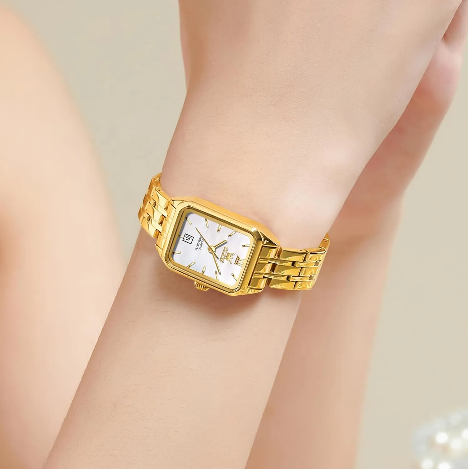OLEVS Women's Gold Stainless Steel Watch, Small Square Face Diamond Decorated Ladies Watch, Luxury Analog Quartz Women Dress Watch, Fashion Calendar Date Waterproof Wrist Watch for Women