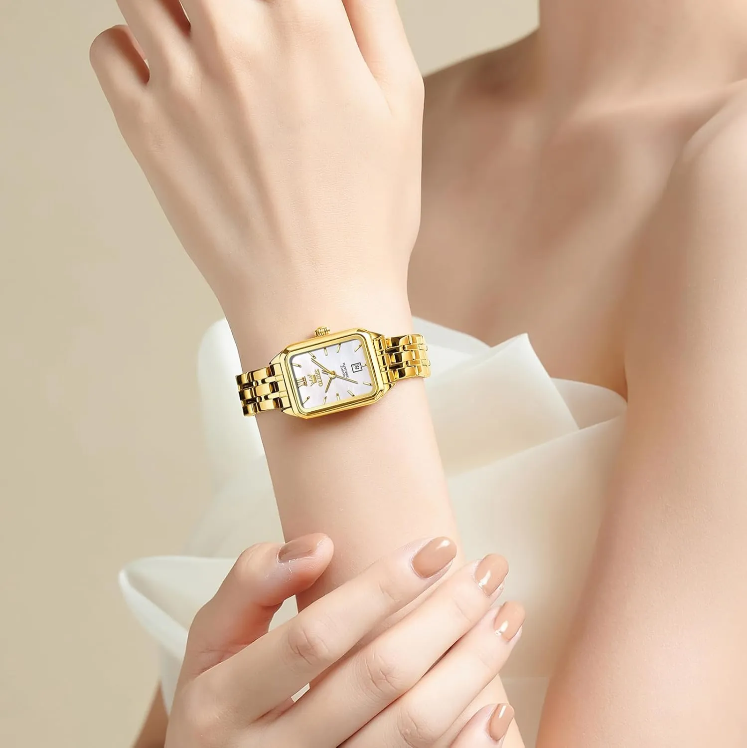 OLEVS Women's Gold Stainless Steel Watch, Small Square Face Diamond Decorated Ladies Watch, Luxury Analog Quartz Women Dress Watch, Fashion Calendar Date Waterproof Wrist Watch for Women