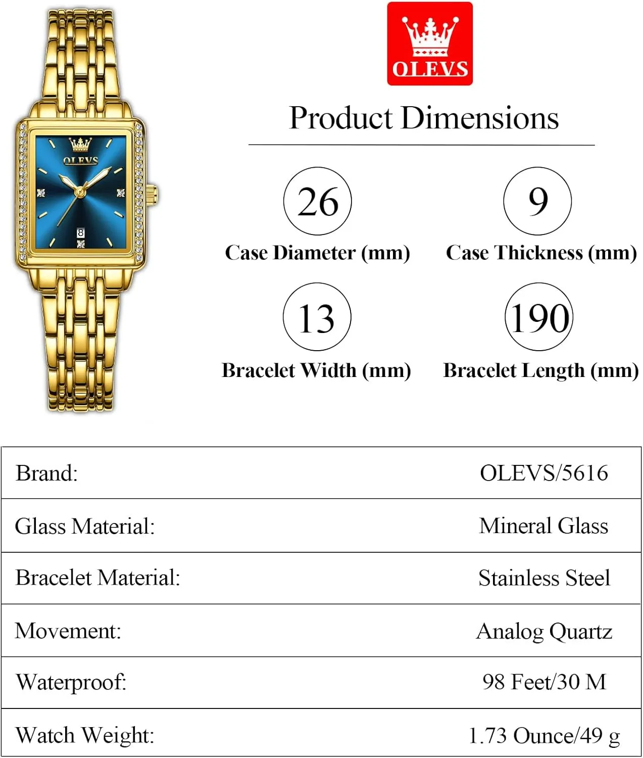 OLEVS Women's Gold Stainless Steel Watch, Small Square Face Diamond Decorated Ladies Watch, Luxury Analog Quartz Women Dress Watch, Fashion Calendar Date Waterproof Wrist Watch for Women