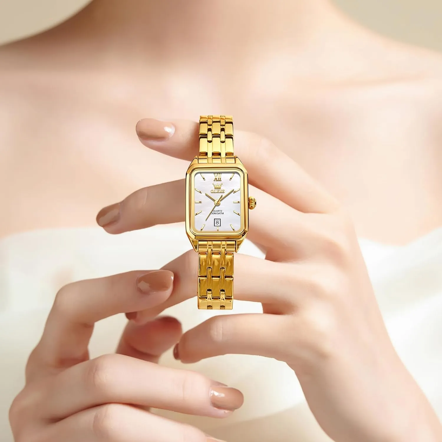 OLEVS Women's Gold Stainless Steel Watch, Small Square Face Diamond Decorated Ladies Watch, Luxury Analog Quartz Women Dress Watch, Fashion Calendar Date Waterproof Wrist Watch for Women
