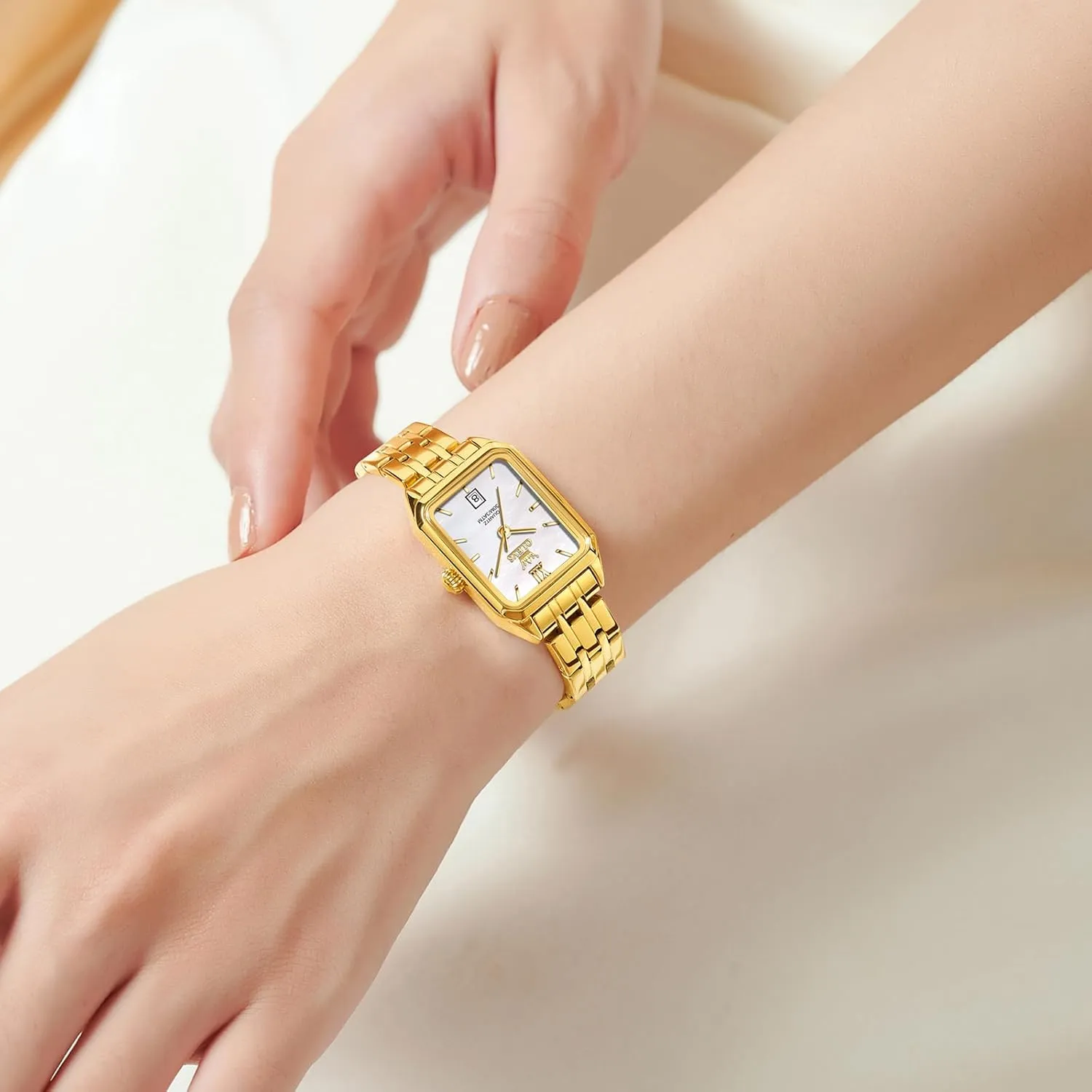 OLEVS Women's Gold Stainless Steel Watch, Small Square Face Diamond Decorated Ladies Watch, Luxury Analog Quartz Women Dress Watch, Fashion Calendar Date Waterproof Wrist Watch for Women
