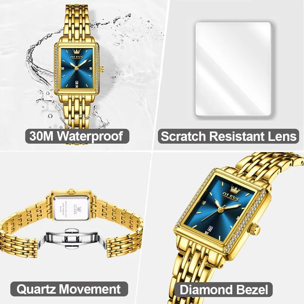 OLEVS Women's Gold Stainless Steel Watch, Small Square Face Diamond Decorated Ladies Watch, Luxury Analog Quartz Women Dress Watch, Fashion Calendar Date Waterproof Wrist Watch for Women