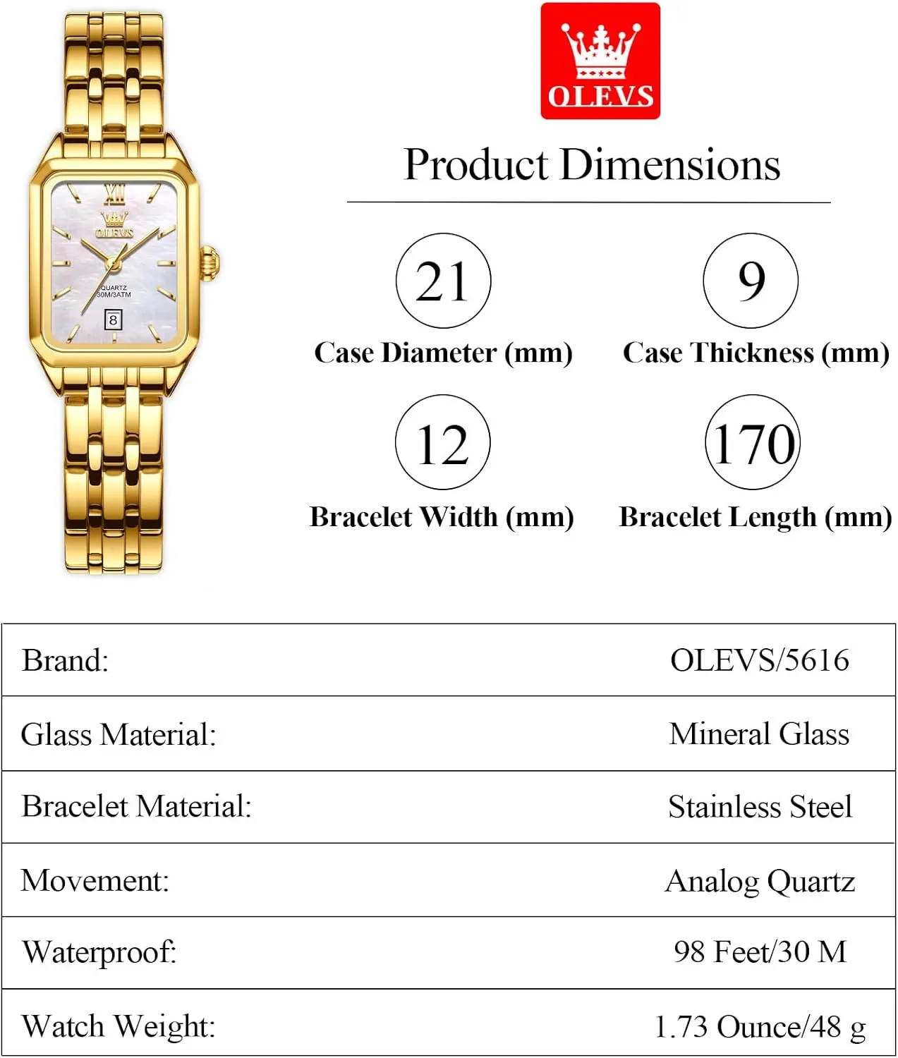 OLEVS Women's Gold Stainless Steel Watch, Small Square Face Diamond Decorated Ladies Watch, Luxury Analog Quartz Women Dress Watch, Fashion Calendar Date Waterproof Wrist Watch for Women