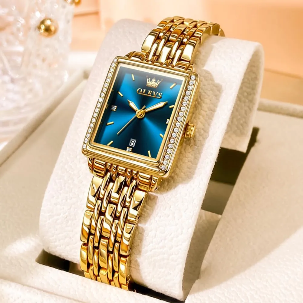 OLEVS Women's Gold Stainless Steel Watch, Small Square Face Diamond Decorated Ladies Watch, Luxury Analog Quartz Women Dress Watch, Fashion Calendar Date Waterproof Wrist Watch for Women