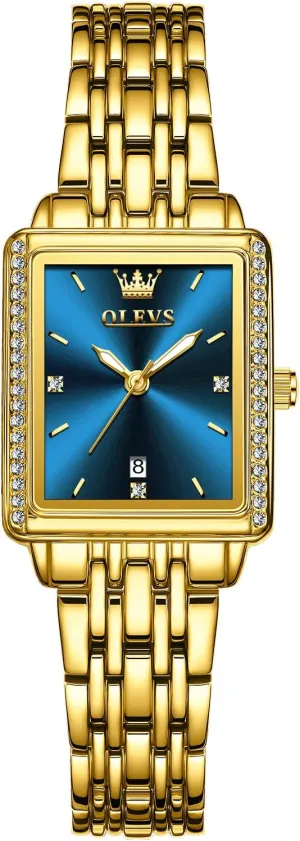 OLEVS Women's Gold Stainless Steel Watch, Small Square Face Diamond Decorated Ladies Watch, Luxury Analog Quartz Women Dress Watch, Fashion Calendar Date Waterproof Wrist Watch for Women