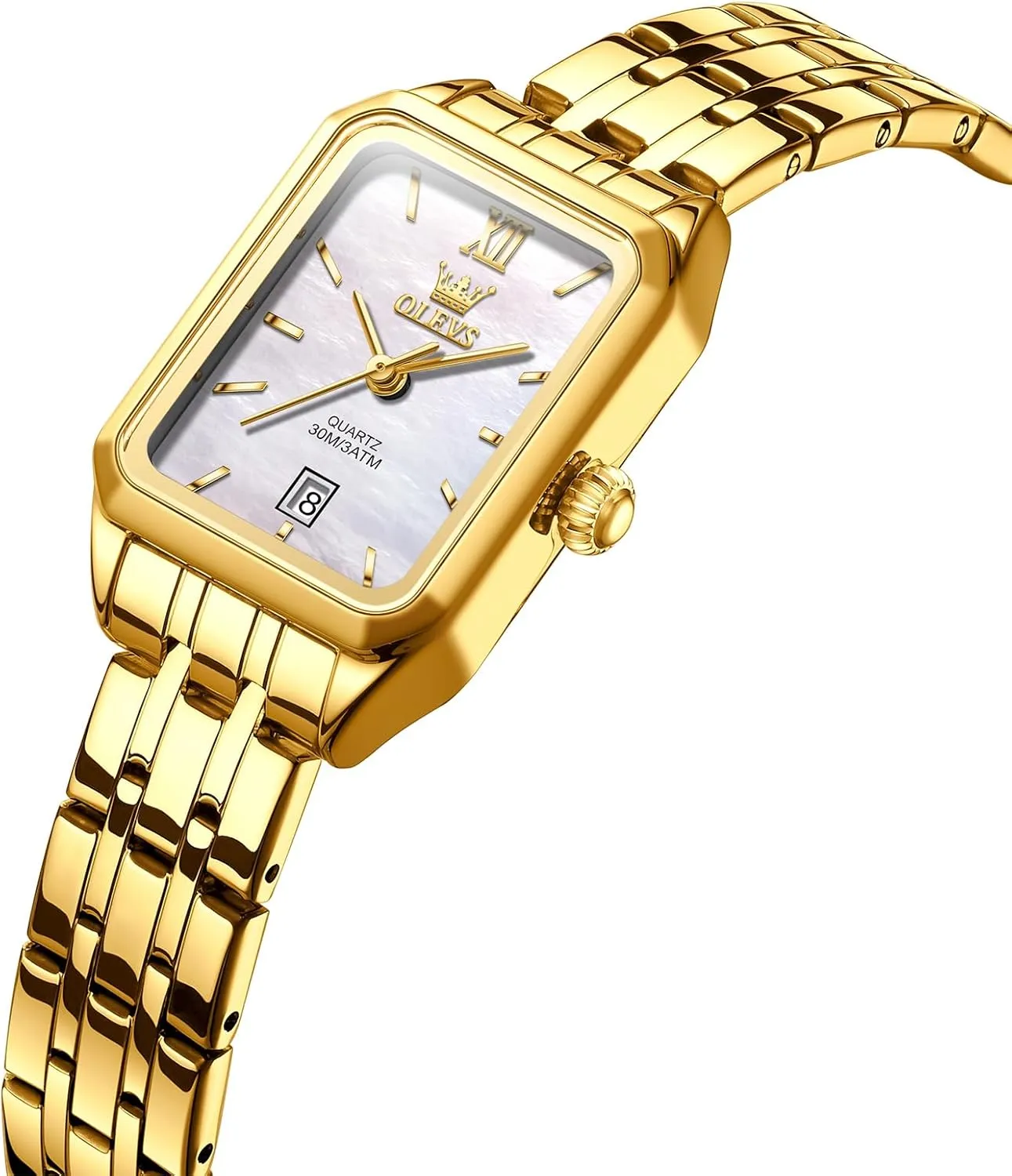 OLEVS Women's Gold Stainless Steel Watch, Small Square Face Diamond Decorated Ladies Watch, Luxury Analog Quartz Women Dress Watch, Fashion Calendar Date Waterproof Wrist Watch for Women