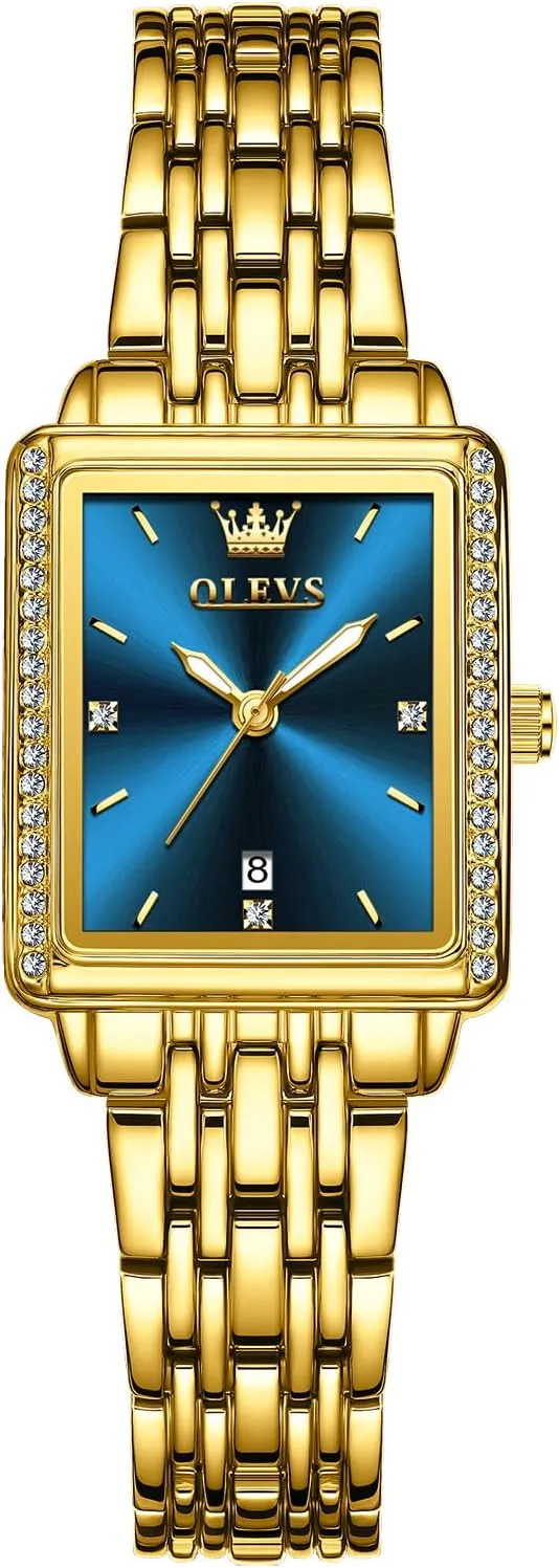 OLEVS Women's Gold Stainless Steel Watch, Small Square Face Diamond Decorated Ladies Watch, Luxury Analog Quartz Women Dress Watch, Fashion Calendar Date Waterproof Wrist Watch for Women