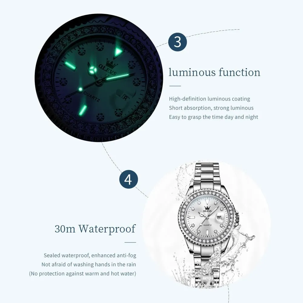 OLEVS Womens Watch Elegant Dress Diamond Analog Quartz Watch Two Tone Stainless Steel Waterproof Luminous Wristwatch