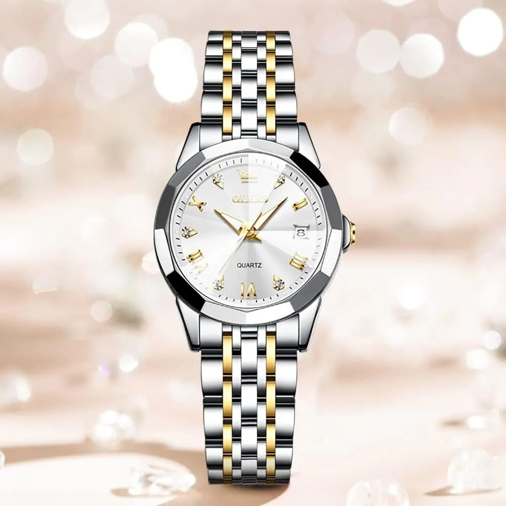 OLEVS Womens Watch Fashion Dress Diamond Female Watches for Ladies Analog Quartz Stainless Steel Waterproof Luminous Day Date Two Tone Wristwatch