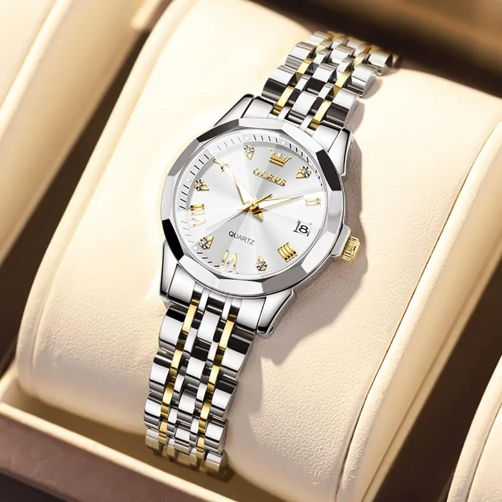 OLEVS Womens Watch Fashion Dress Diamond Female Watches for Ladies Analog Quartz Stainless Steel Waterproof Luminous Day Date Two Tone Wristwatch