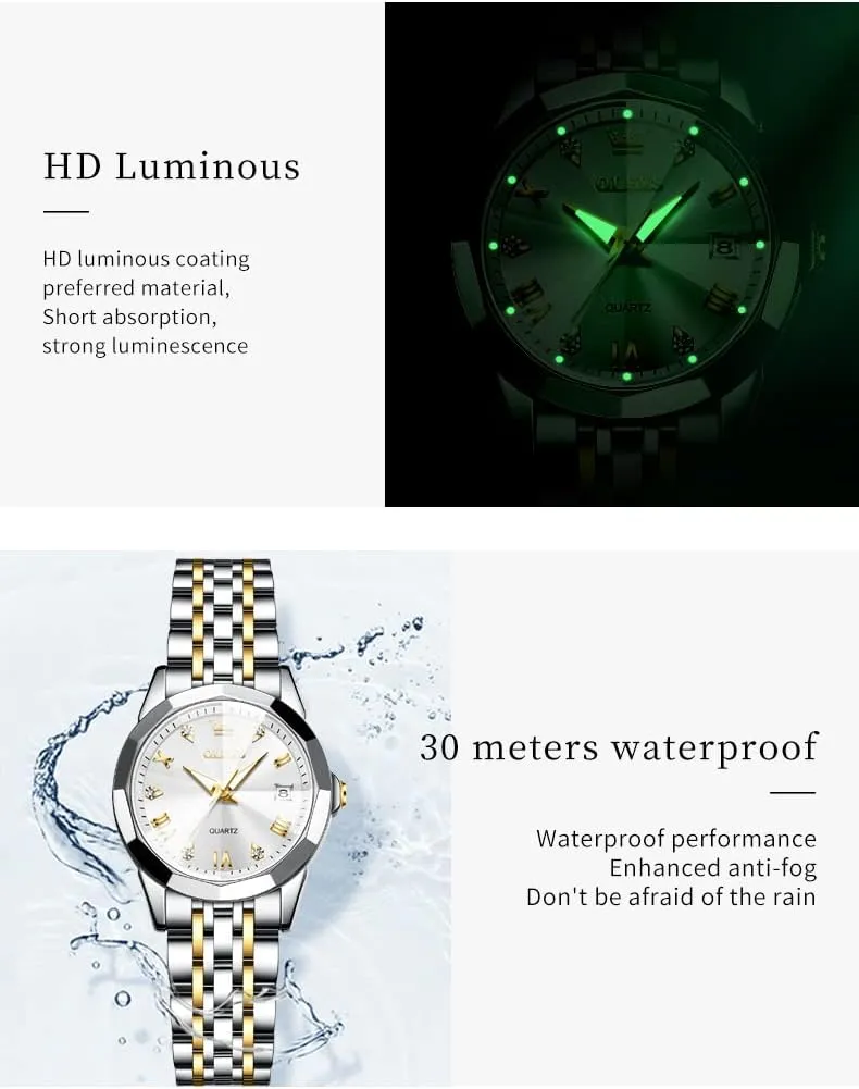 OLEVS Womens Watch Fashion Dress Diamond Female Watches for Ladies Analog Quartz Stainless Steel Waterproof Luminous Day Date Two Tone Wristwatch