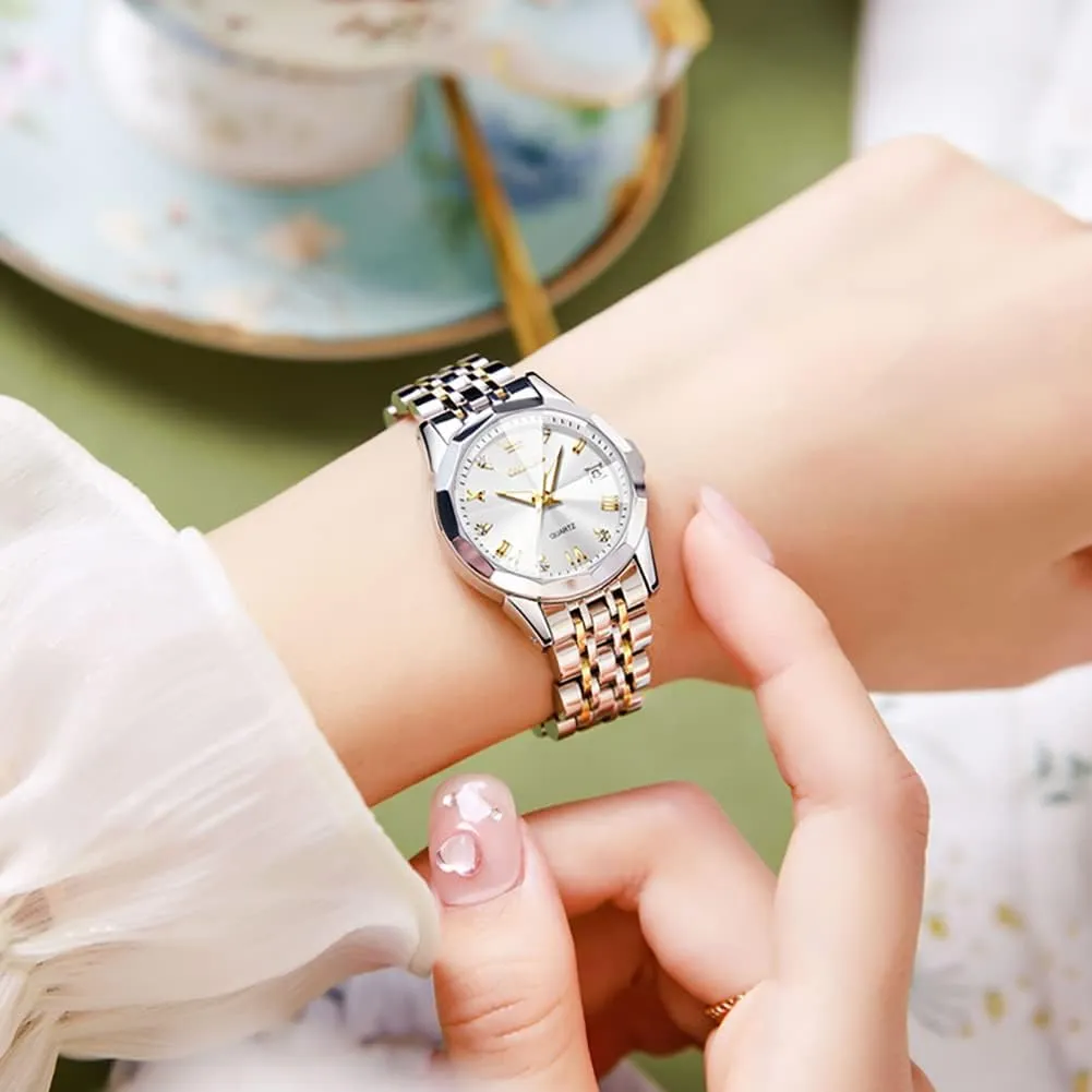 OLEVS Womens Watch Fashion Dress Diamond Female Watches for Ladies Analog Quartz Stainless Steel Waterproof Luminous Day Date Two Tone Wristwatch