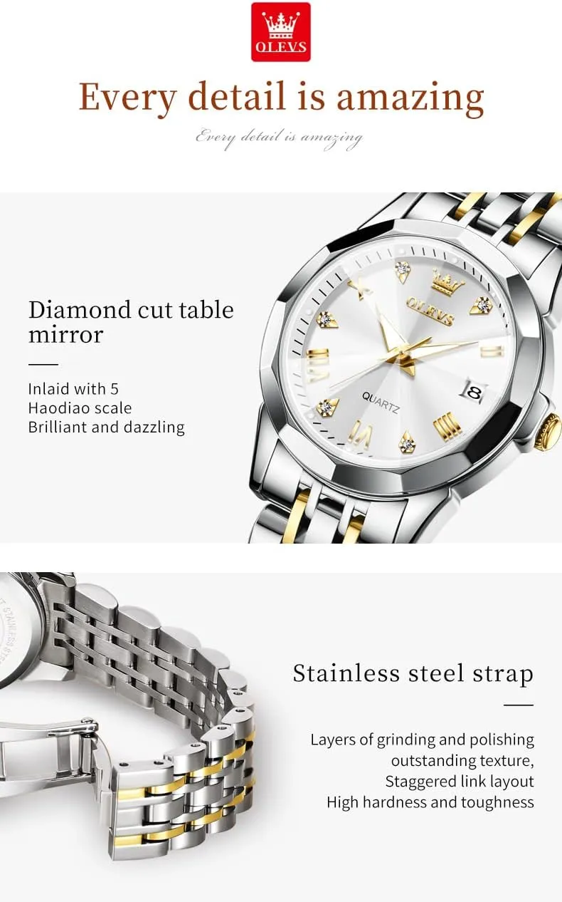 OLEVS Womens Watch Fashion Dress Diamond Female Watches for Ladies Analog Quartz Stainless Steel Waterproof Luminous Day Date Two Tone Wristwatch