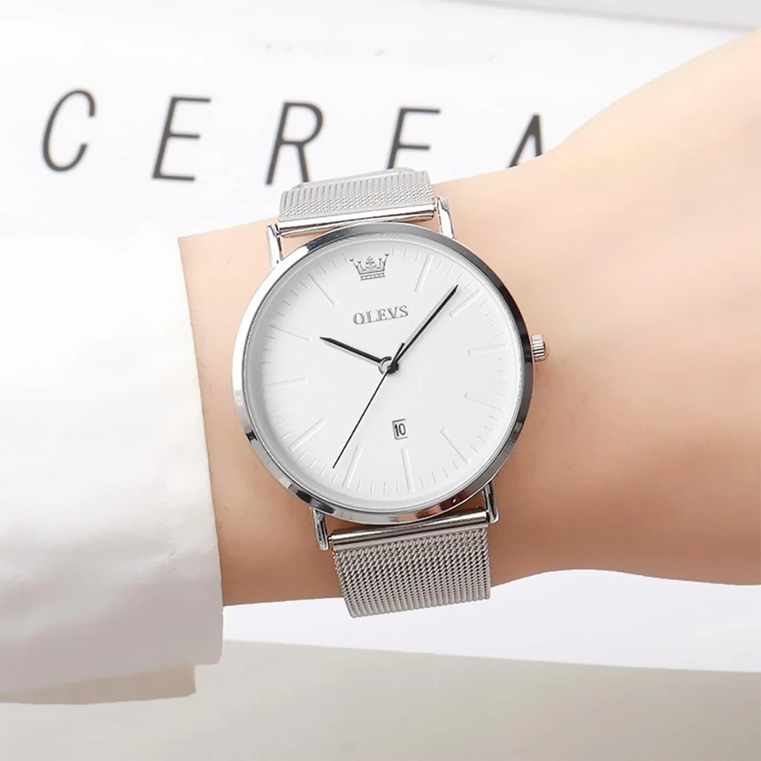 OLEVS Women's Watches, 6.5mm Ultra-Thin Big Face Business Casual Ladies Watch, Japanese Quartz Female Dress Watch with Date Mesh Bracelet Waterproof (White/Blue/Black Dial)