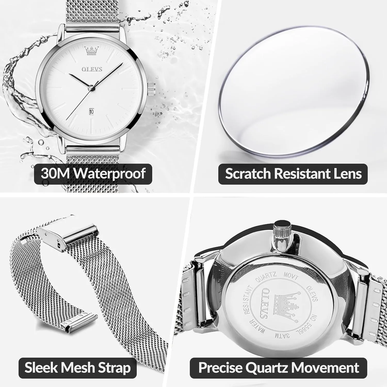 OLEVS Women's Watches, 6.5mm Ultra-Thin Big Face Business Casual Ladies Watch, Japanese Quartz Female Dress Watch with Date Mesh Bracelet Waterproof (White/Blue/Black Dial)