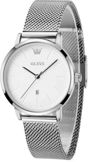 OLEVS Women's Watches, 6.5mm Ultra-Thin Big Face Business Casual Ladies Watch, Japanese Quartz Female Dress Watch with Date Mesh Bracelet Waterproof (White/Blue/Black Dial)