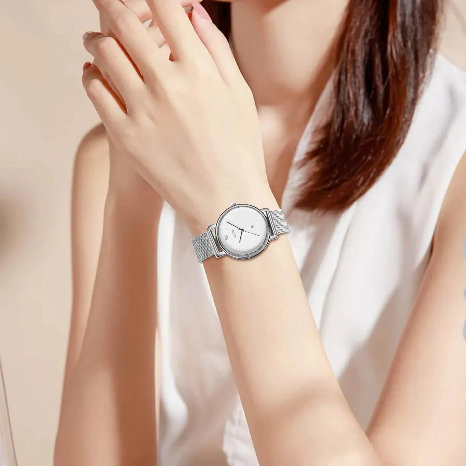 OLEVS Women's Watches, 6.5mm Ultra-Thin Big Face Business Casual Ladies Watch, Japanese Quartz Female Dress Watch with Date Mesh Bracelet Waterproof (White/Blue/Black Dial)