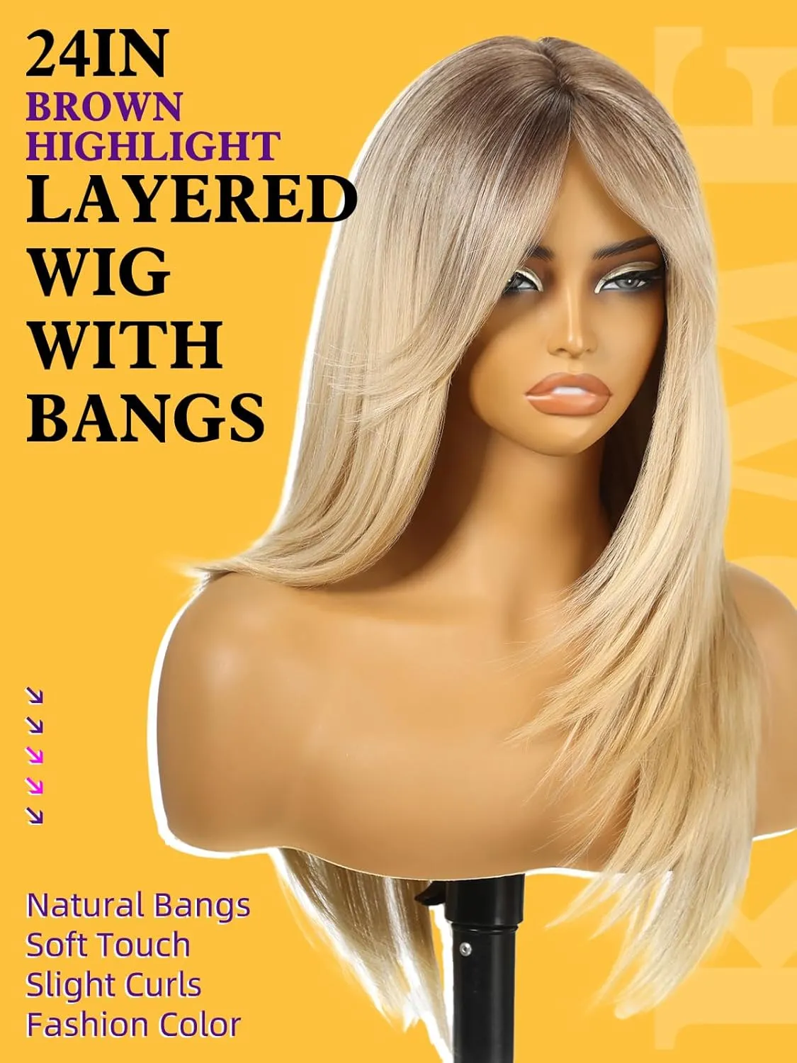 Ombre Blonde Long Layered Straight Wig with Curtain Bangs for Women,Synthetic Heat Resistant Natural Looking Hair Wig for Party Cosplay Dality Use 24IN