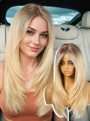 Ombre Blonde Long Layered Straight Wig with Curtain Bangs for Women,Synthetic Heat Resistant Natural Looking Hair Wig for Party Cosplay Dality Use 24IN