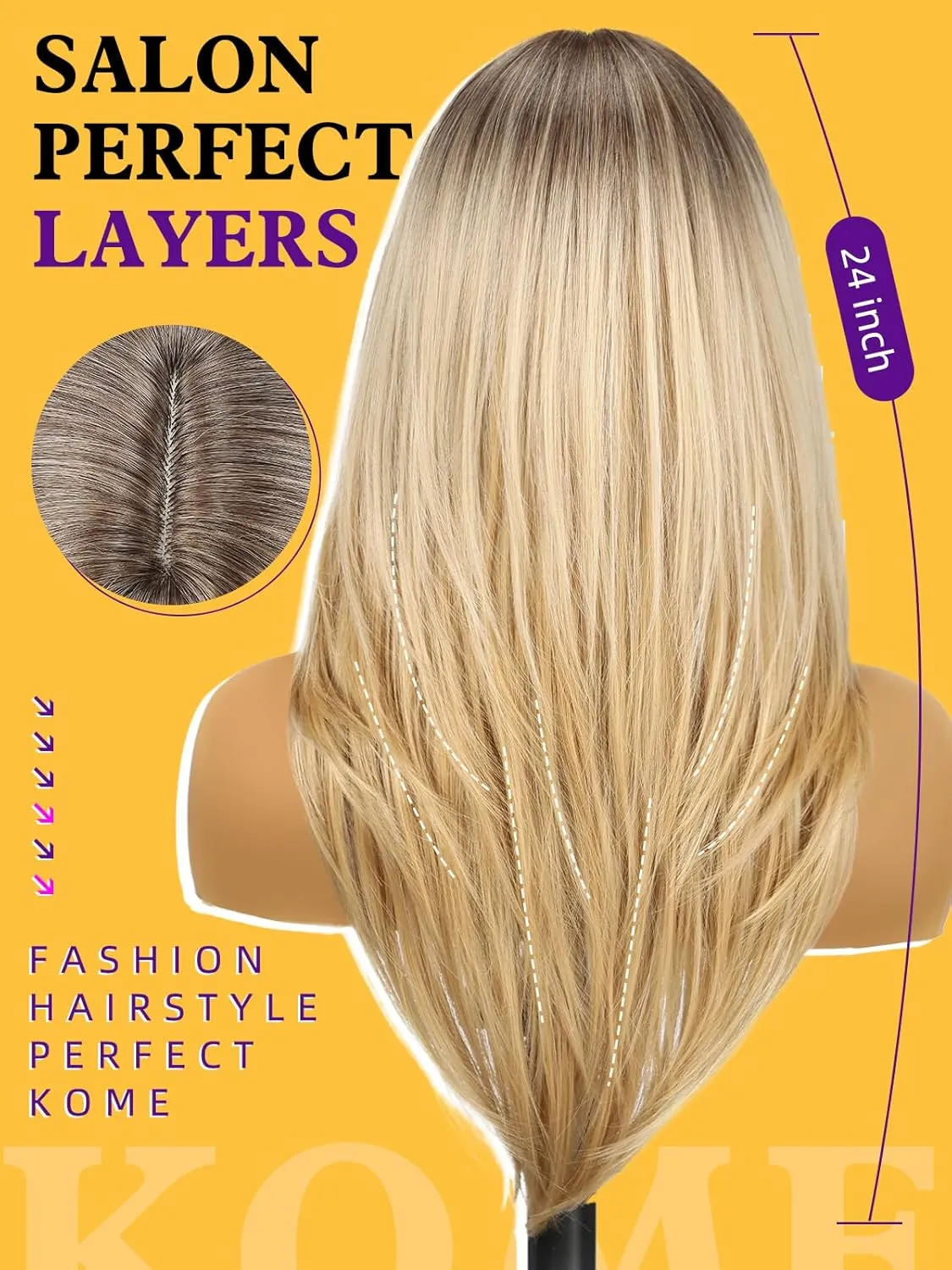 Ombre Blonde Long Layered Straight Wig with Curtain Bangs for Women,Synthetic Heat Resistant Natural Looking Hair Wig for Party Cosplay Dality Use 24IN