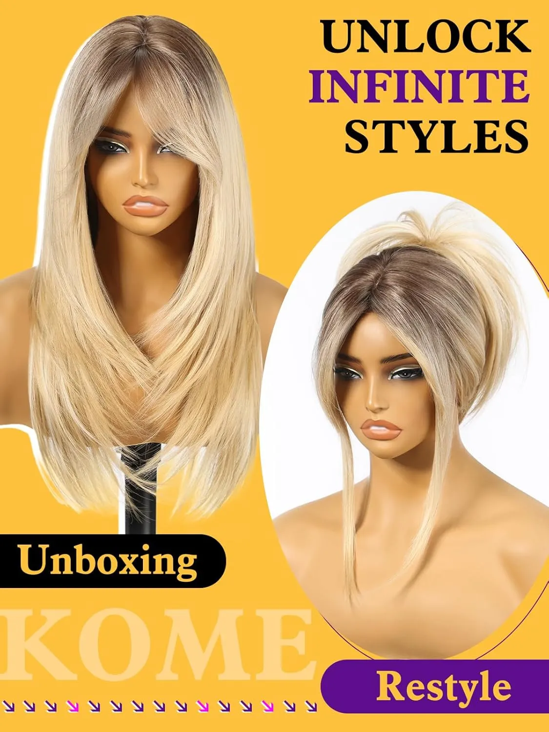 Ombre Blonde Long Layered Straight Wig with Curtain Bangs for Women,Synthetic Heat Resistant Natural Looking Hair Wig for Party Cosplay Dality Use 24IN