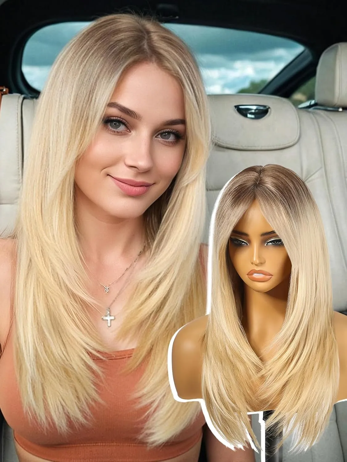 Ombre Blonde Long Layered Straight Wig with Curtain Bangs for Women,Synthetic Heat Resistant Natural Looking Hair Wig for Party Cosplay Dality Use 24IN