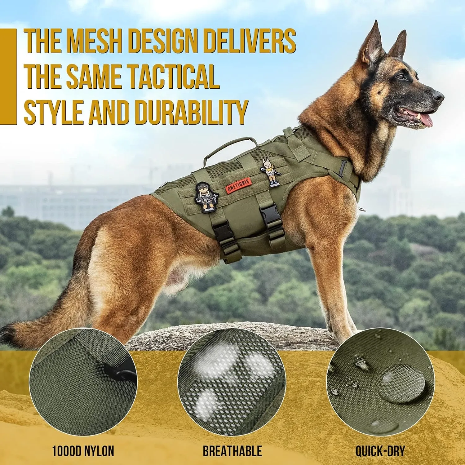 OneTigris No Pull Tactical Dog Harness for Medium Dog, Aire Mesh Service Dog Harness Breathable Military Dog Molle Vests with Handles, Service Dog Vest Harness for Walking Hiking Training Green